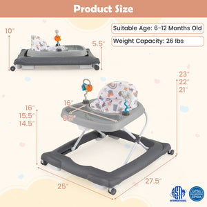 Foldable Baby Walker with Removable Seat and Adjustable Height for 6-12 Months-Gray