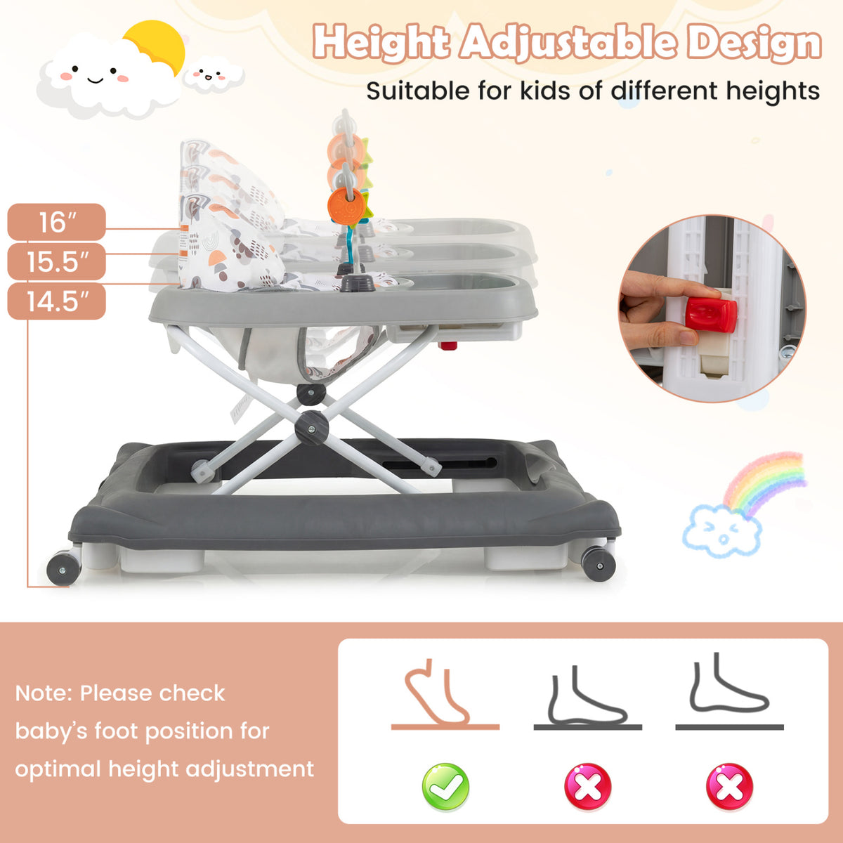 Foldable Baby Walker with Removable Seat and Adjustable Height for 6-12 Months-Gray