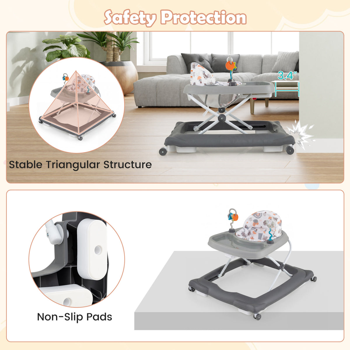 Foldable Baby Walker with Removable Seat and Adjustable Height for 6-12 Months-Gray