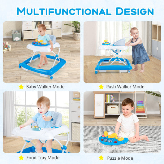 Foldable Baby Walker with 3 Adjustable Heights and Padded Seat-Blue