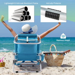 Foldable Backpack Beach Chair with Cup Holder and Storage Pockets Set of 2-Blue
