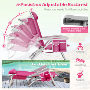 Foldable Backpack Beach Chair with Cup Holder and Storage Pockets Set of 2-Pink