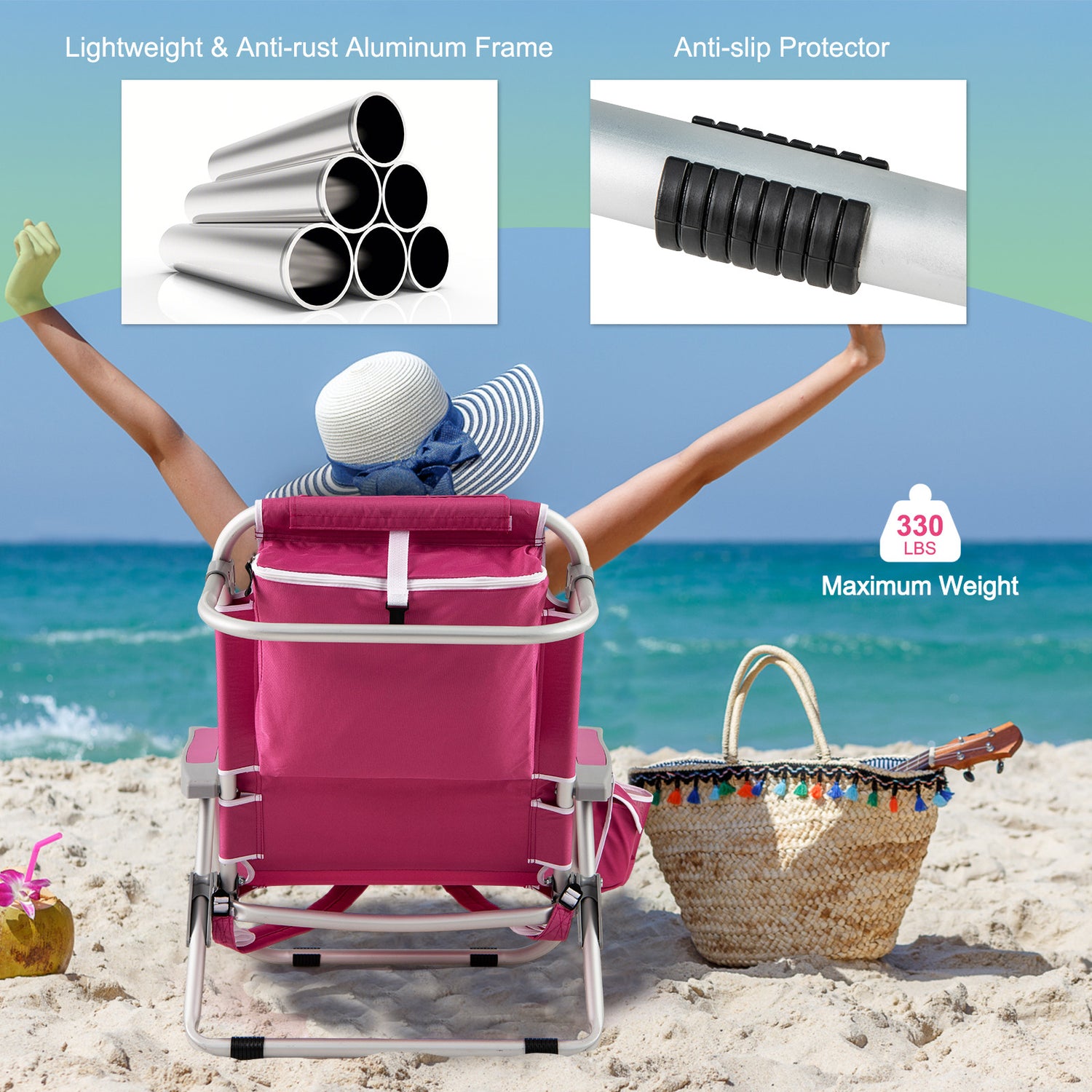 Foldable Backpack Beach Chair with Cup Holder and Storage Pockets Set of 2-Pink