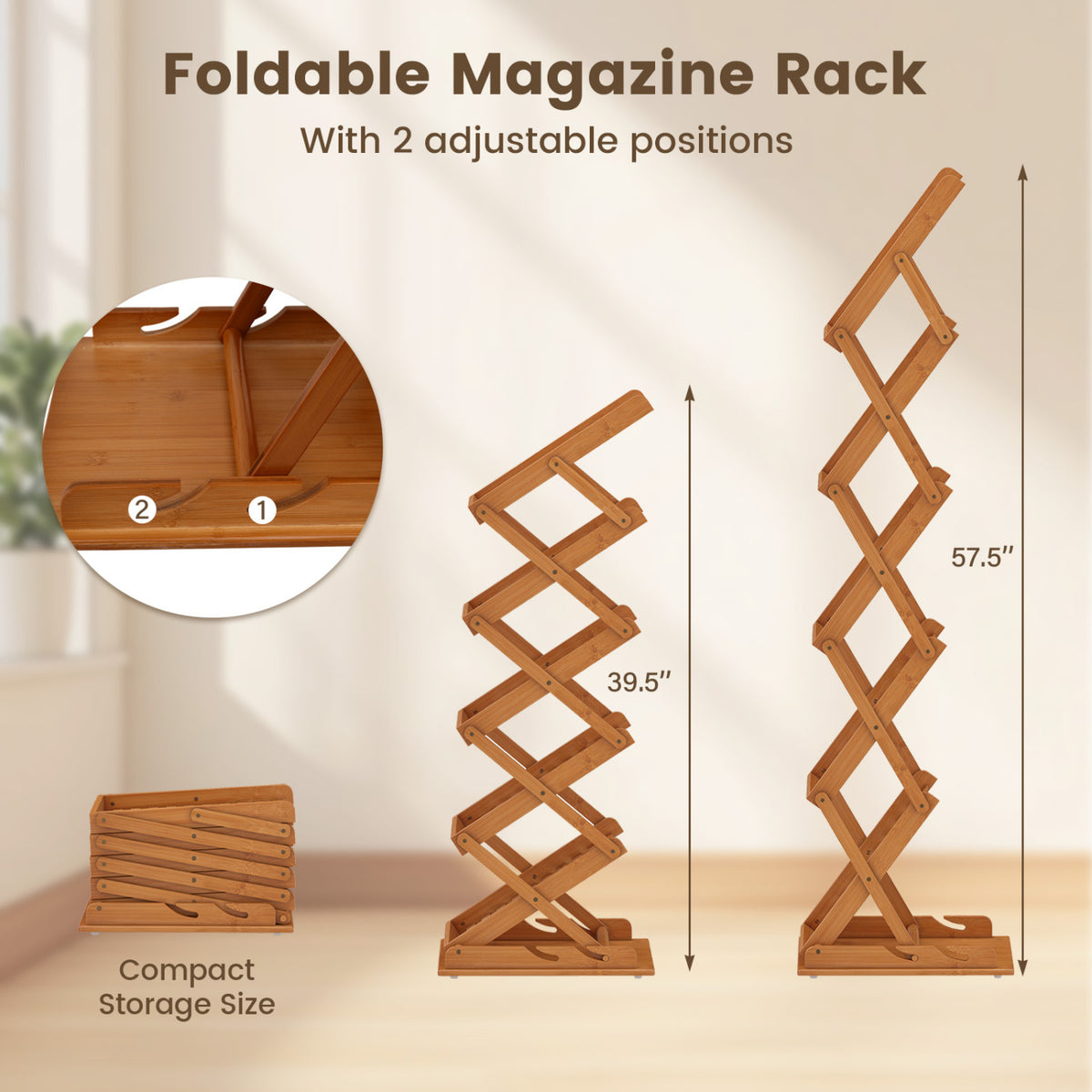 Foldable Bamboo Magazine Rack with 2 Adjustable Positions-Walnut