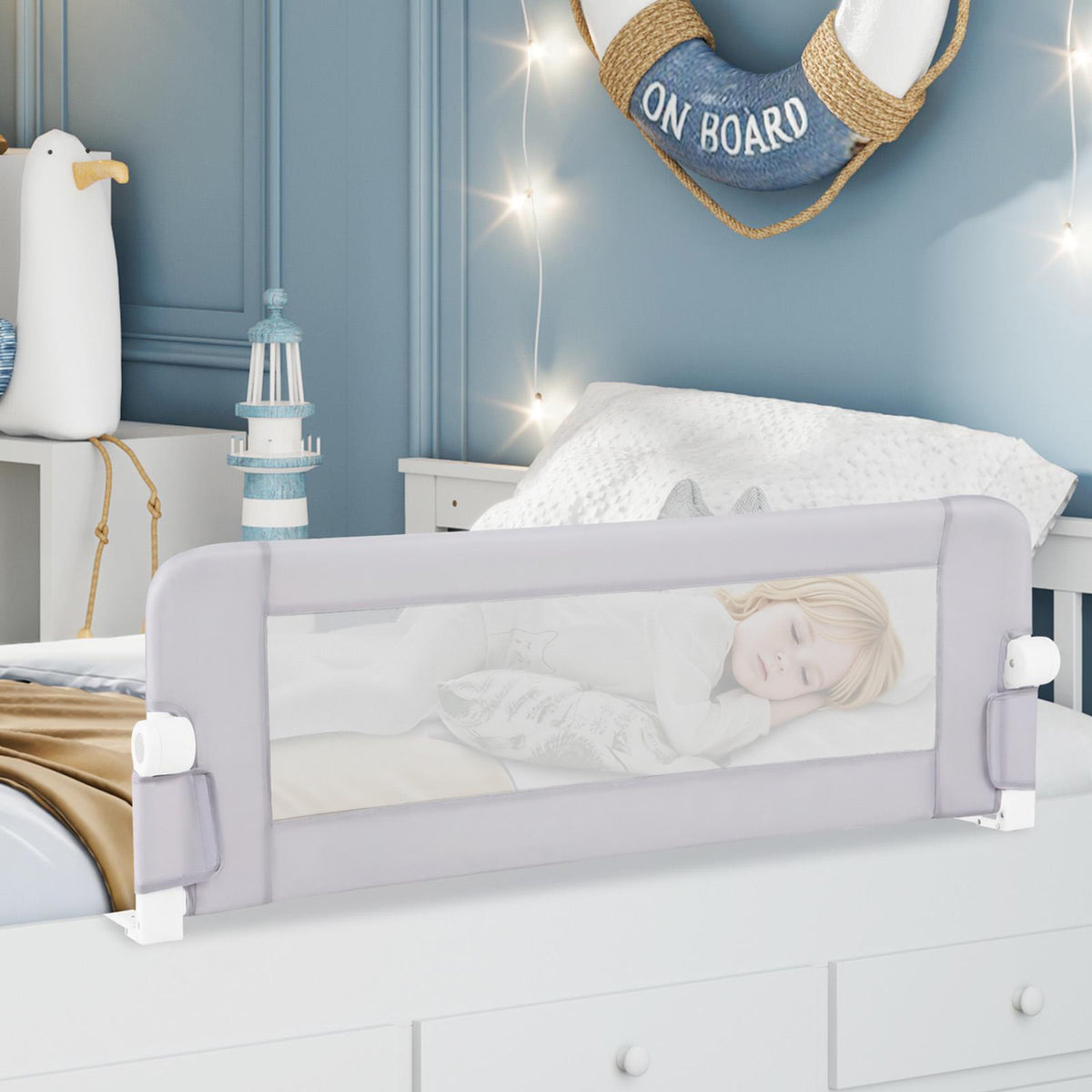 Foldable Bed Rail Swing Down Baby Bed Guard Rail-Light Gray