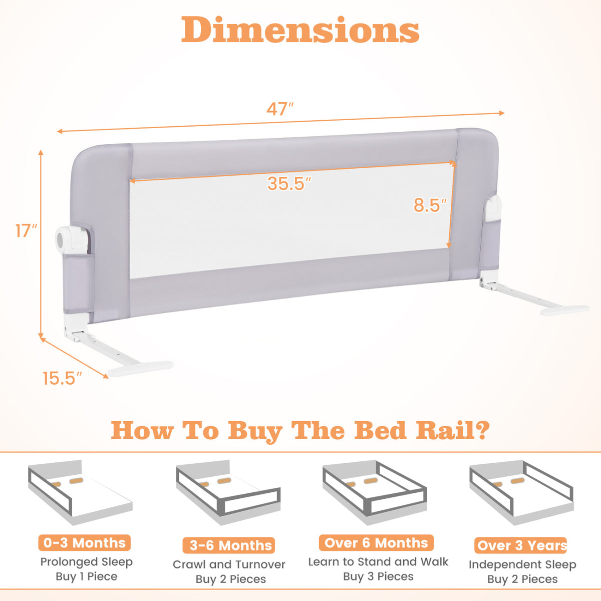 Foldable Bed Rail Swing Down Baby Bed Guard Rail-Light Gray