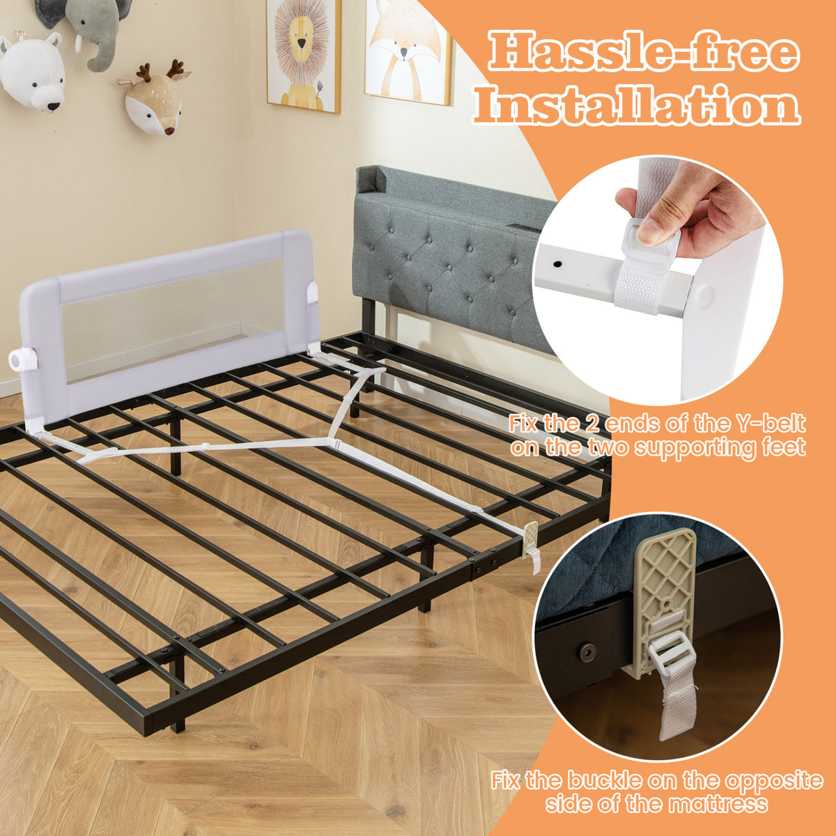 Foldable Bed Rail Swing Down Baby Bed Guard Rail-Light Gray