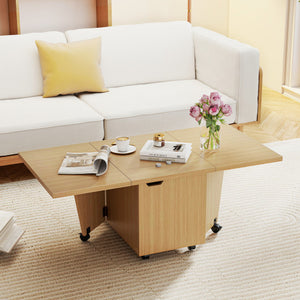 Foldable Coffee Table with Storage Cabinet Extendable Center Table-Oak