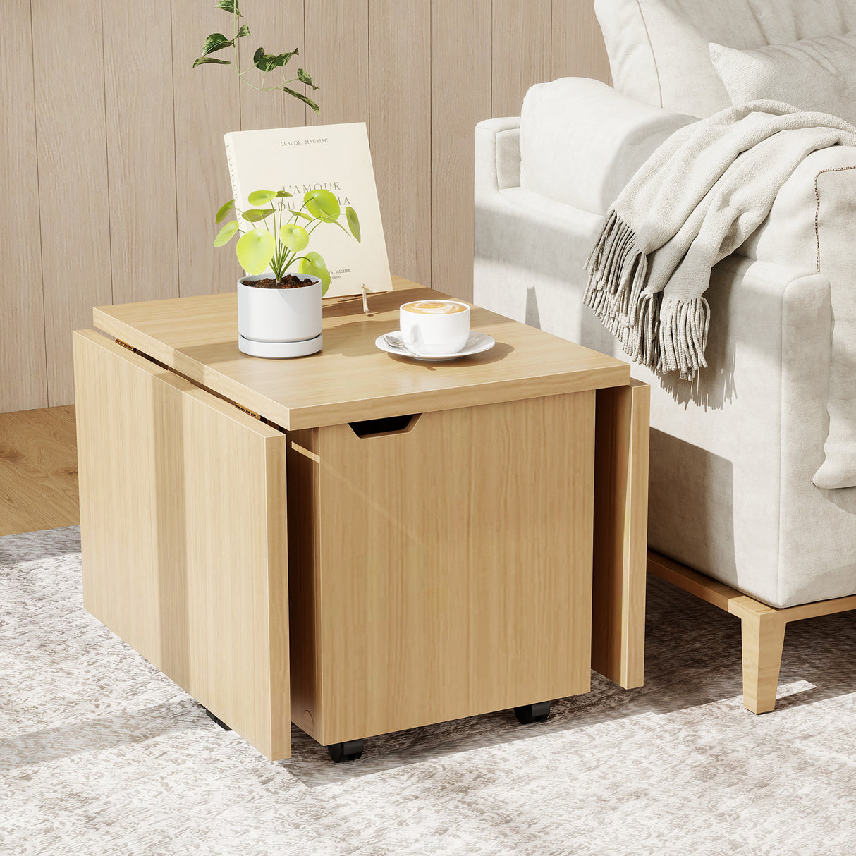 Foldable Coffee Table with Storage Cabinet Extendable Center Table-Oak