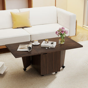 Foldable Coffee Table with Storage Cabinet Extendable Center Table-Walnut