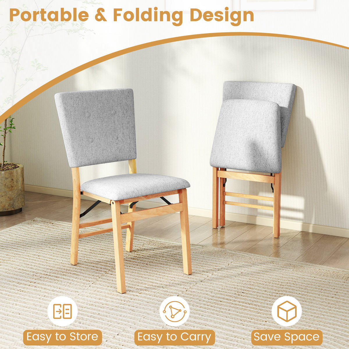 Foldable Dining Chair Set of 2 Armless Kitchen Chair with Padded Seat and Tilt Backrest-Gray