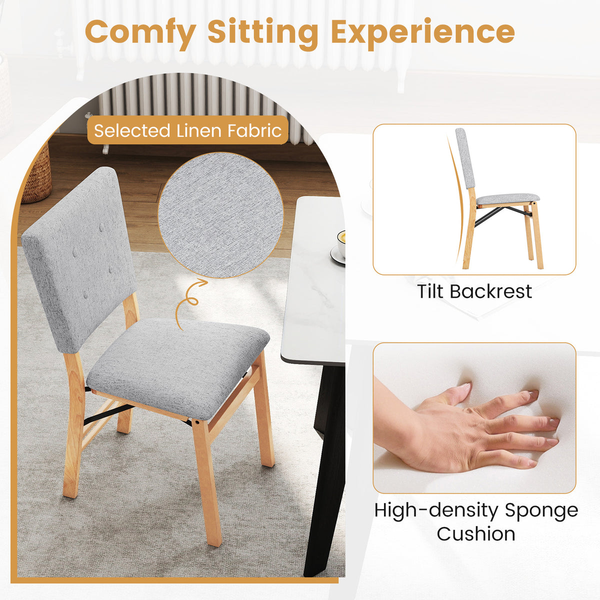 Foldable Dining Chair Set of 2 Armless Kitchen Chair with Padded Seat and Tilt Backrest-Gray