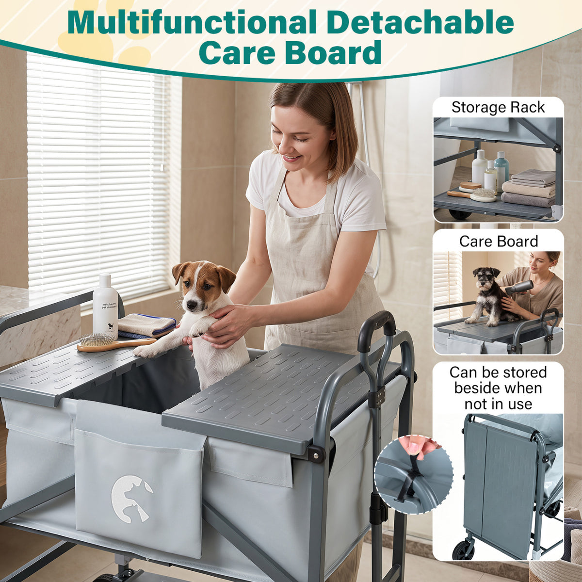 Foldable Dog Bath Cart with Adjustable Height & 4 Wheels for Pets-Gray