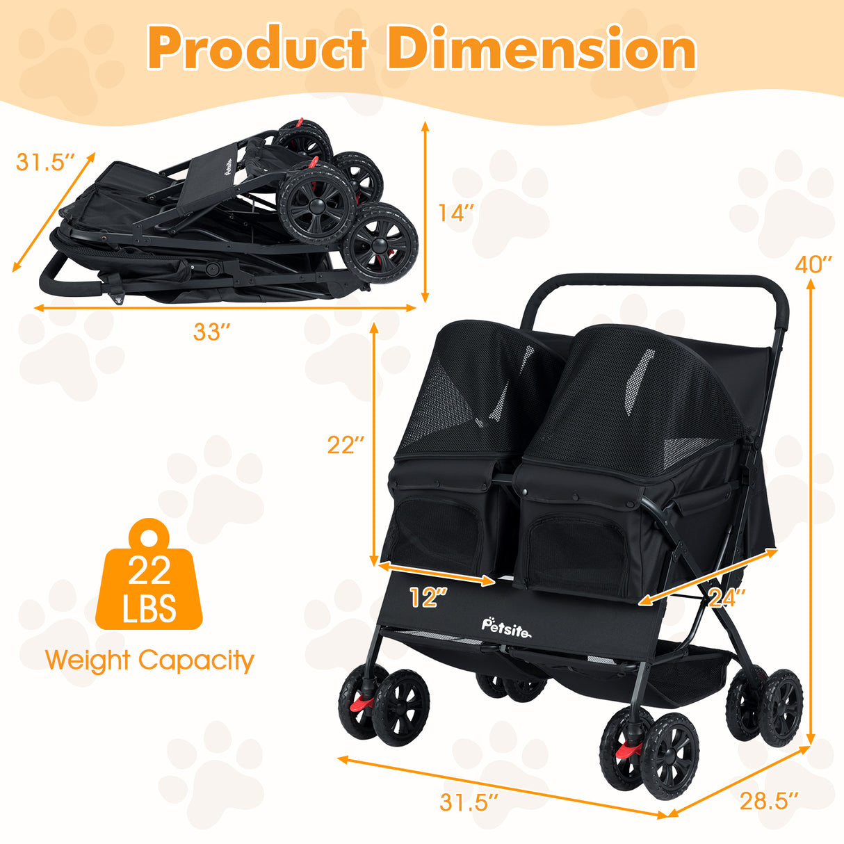 Foldable Double Pet Stroller with Adjustable Sunshade and Storage Basket-Black
