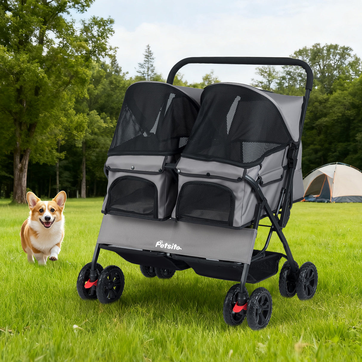 Foldable Double Pet Stroller with Adjustable Sunshade and Storage Basket-Gray