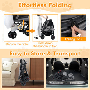 Foldable Double Pet Stroller with Adjustable Sunshade and Storage Basket-Gray