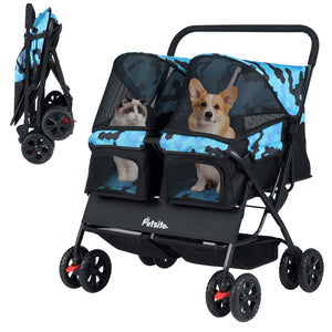 Foldable Double Pet Stroller with Adjustable Sunshade and Storage Basket-Navy