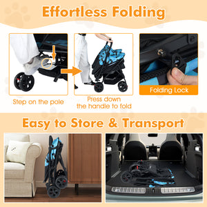 Foldable Double Pet Stroller with Adjustable Sunshade and Storage Basket-Navy