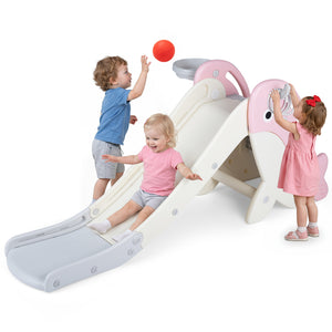 Foldable Freestanding Baby Slide Climber Playset with Basketball Hoop for Kids-Pink