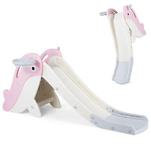 Foldable Freestanding Baby Slide Climber Playset with Basketball Hoop for Kids-Pink