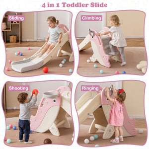 Foldable Freestanding Baby Slide Climber Playset with Basketball Hoop for Kids-Pink