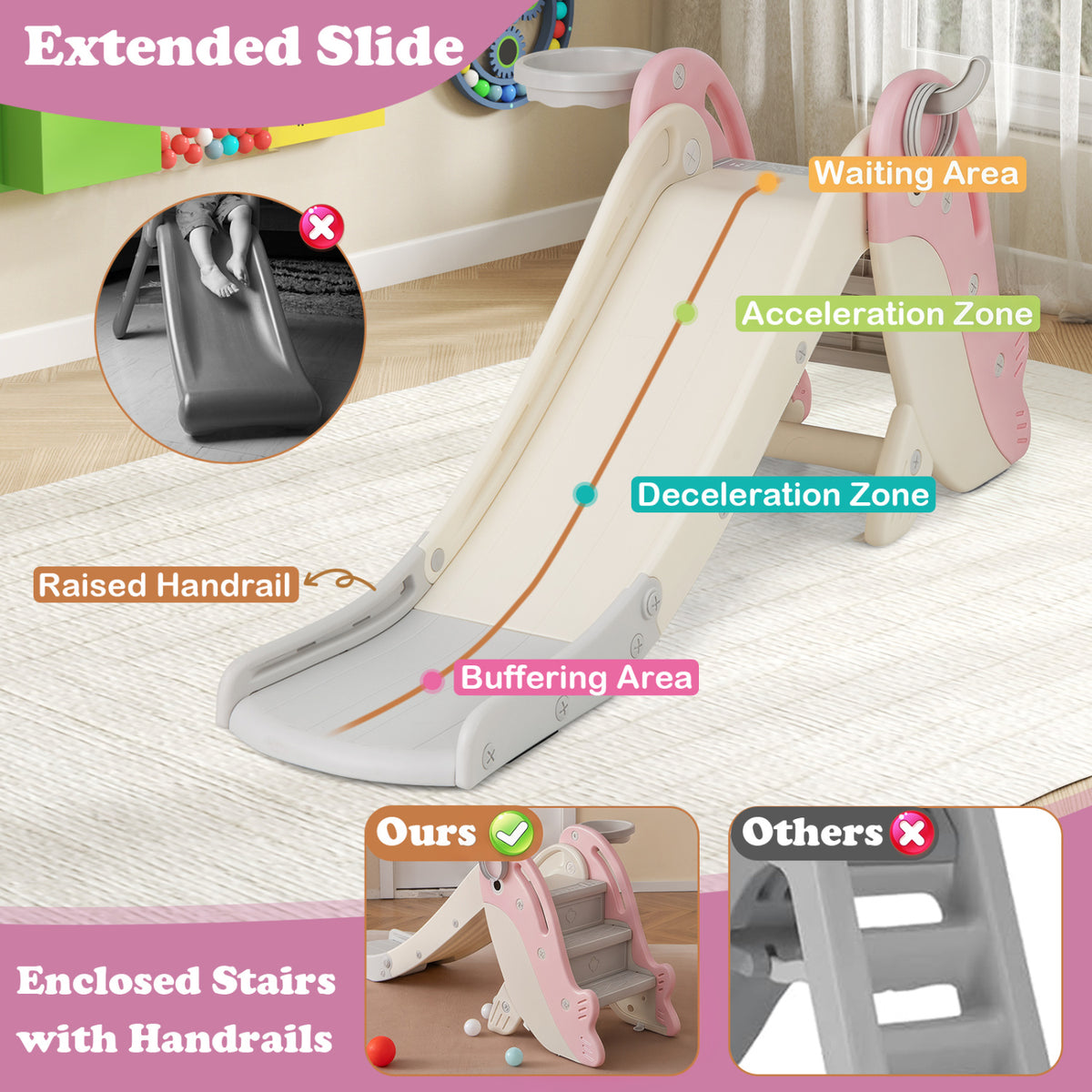 Foldable Freestanding Baby Slide Climber Playset with Basketball Hoop for Kids-Pink