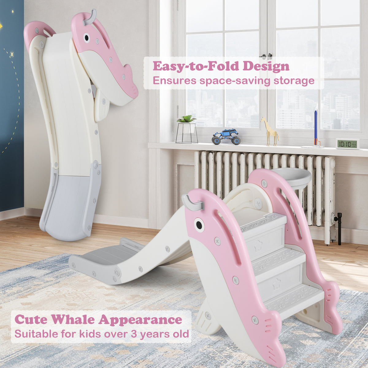 Foldable Freestanding Baby Slide Climber Playset with Basketball Hoop for Kids-Pink