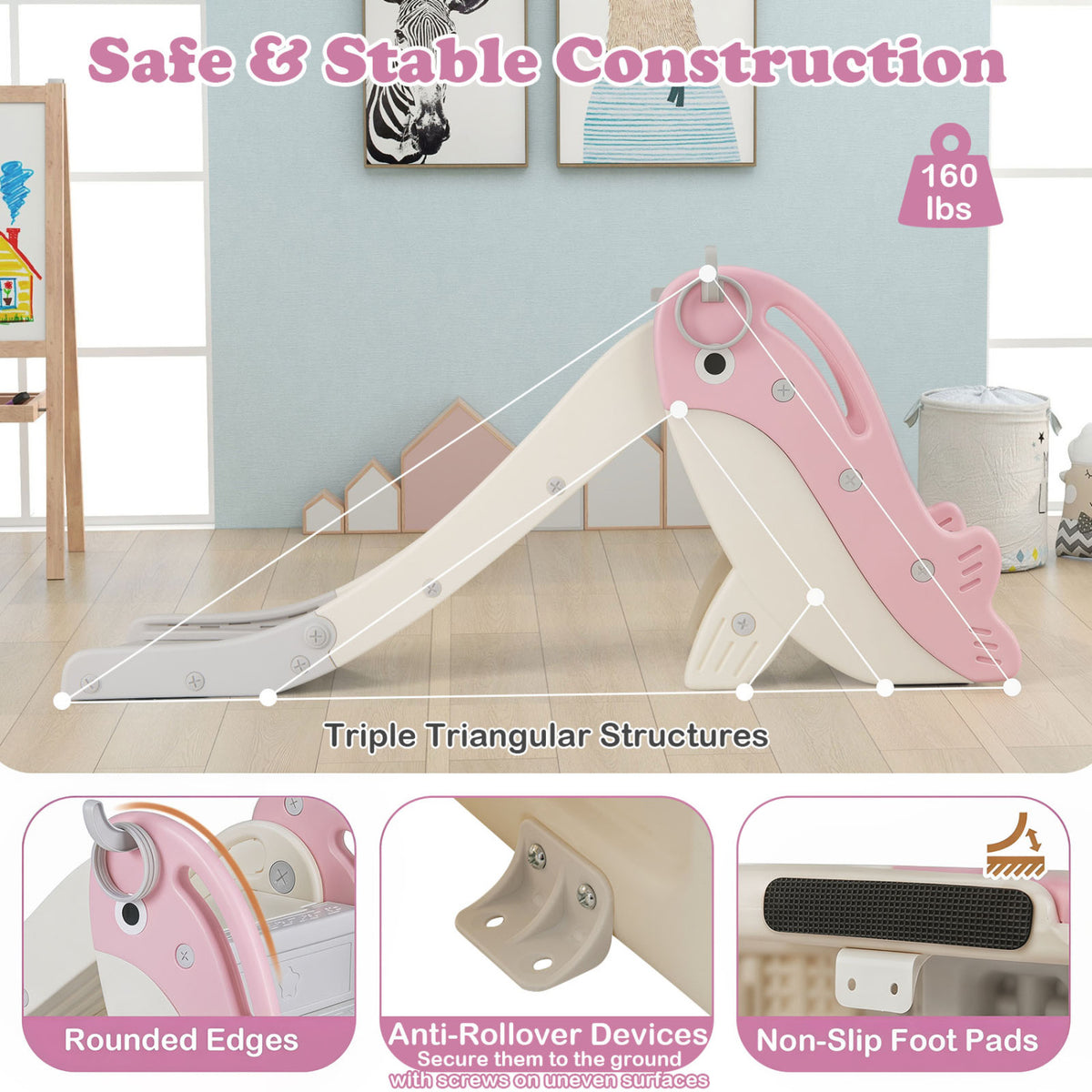 Foldable Freestanding Baby Slide Climber Playset with Basketball Hoop for Kids-Pink