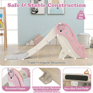 Foldable Freestanding Baby Slide Climber Playset with Basketball Hoop for Kids-Pink