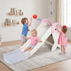 Foldable Freestanding Baby Slide Climber Playset with Basketball Hoop for Kids-Pink
