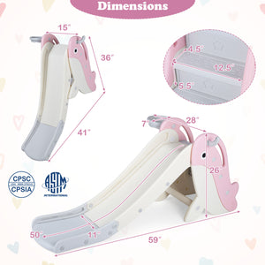 Foldable Freestanding Baby Slide Climber Playset with Basketball Hoop for Kids-Pink