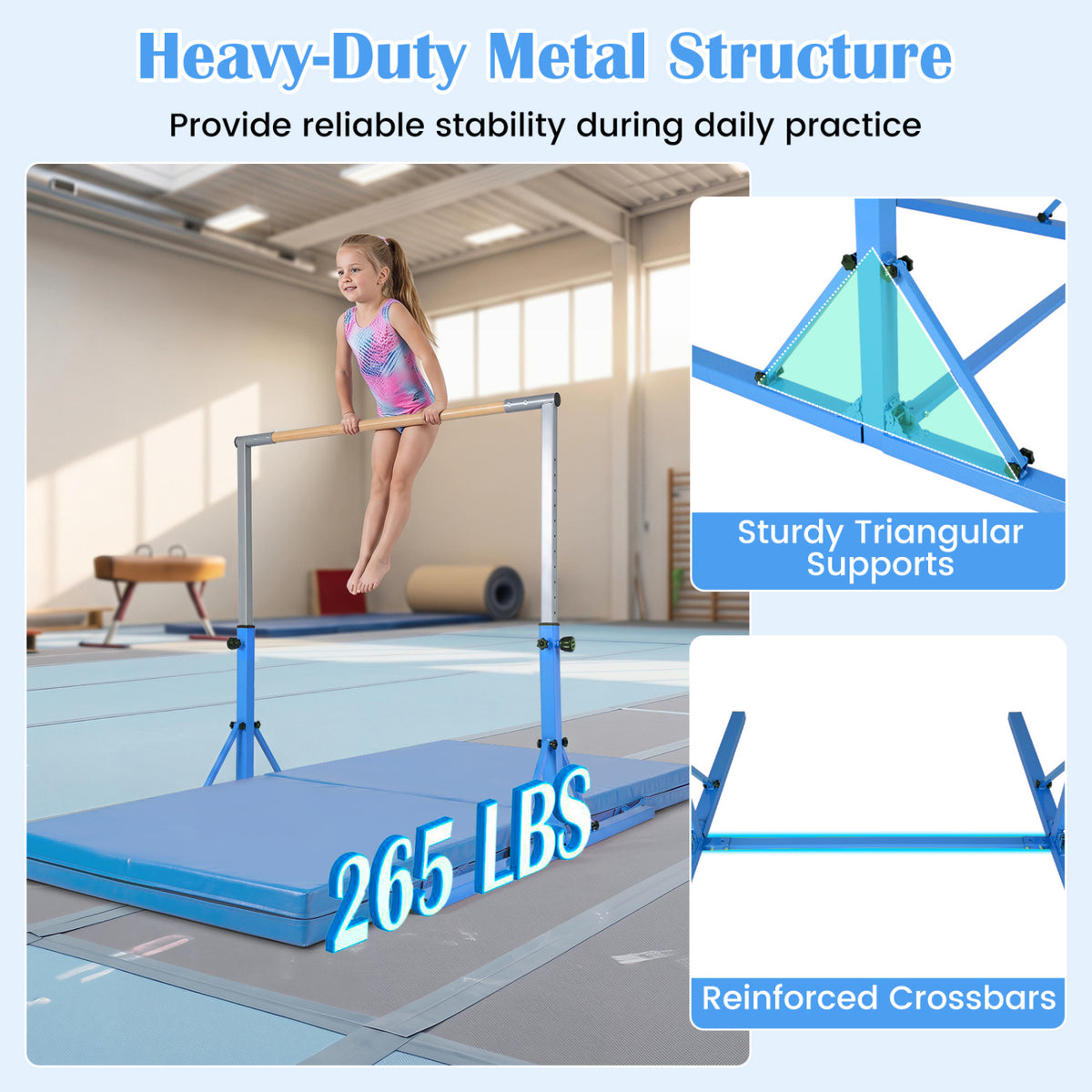 Foldable Gymnastics Bar for Kids with 3-Level Adjustable Heights-Blue