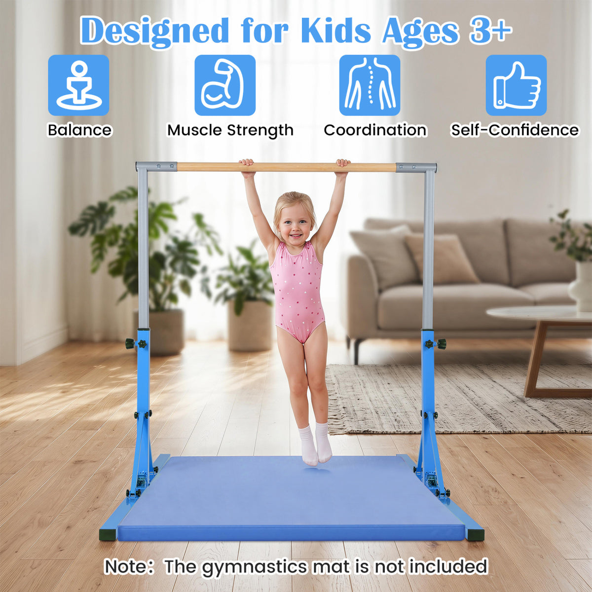 Foldable Gymnastics Bar for Kids with 3-Level Adjustable Heights-Blue