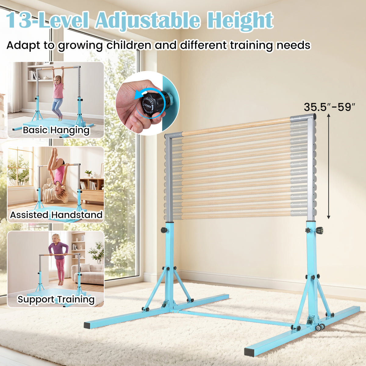 Foldable Gymnastics Bar for Kids with 3-Level Adjustable Heights-Green