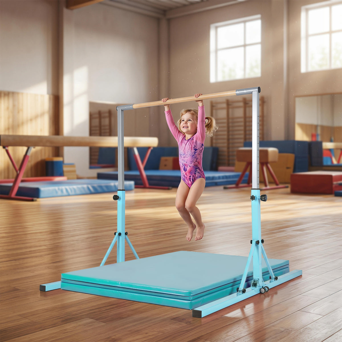 Foldable Gymnastics Bar for Kids with 3-Level Adjustable Heights-Green