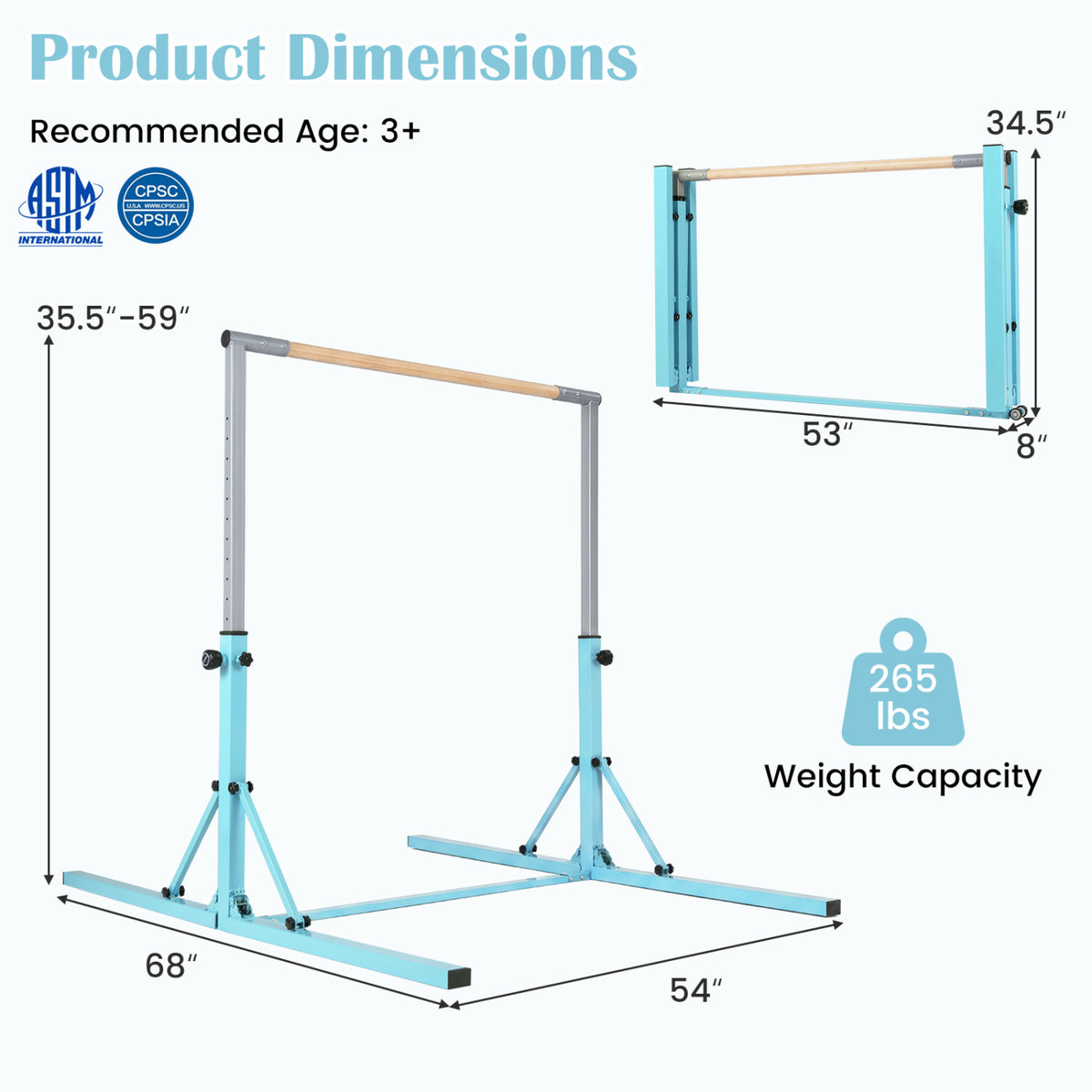 Foldable Gymnastics Bar for Kids with 3-Level Adjustable Heights-Green