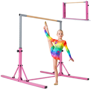 Foldable Gymnastics Bar for Kids with 3-Level Adjustable Heights-Pink