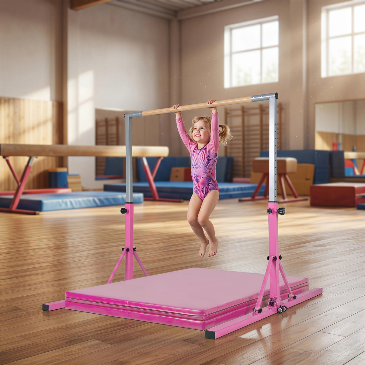 Foldable Gymnastics Bar for Kids with 3-Level Adjustable Heights-Pink