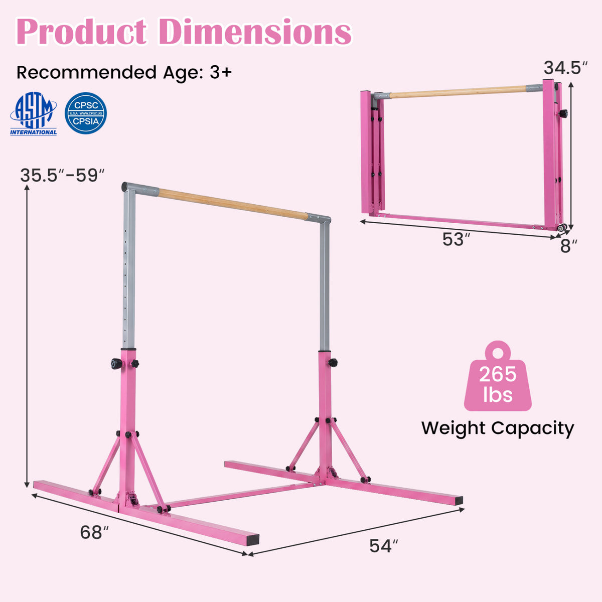 Foldable Gymnastics Bar for Kids with 3-Level Adjustable Heights-Pink