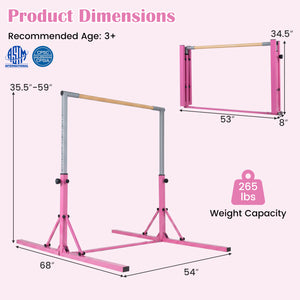Foldable Gymnastics Bar for Kids with 3-Level Adjustable Heights-Pink