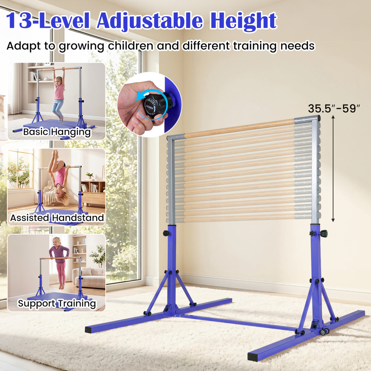 Foldable Gymnastics Bar for Kids with 3-Level Adjustable Heights-Purple