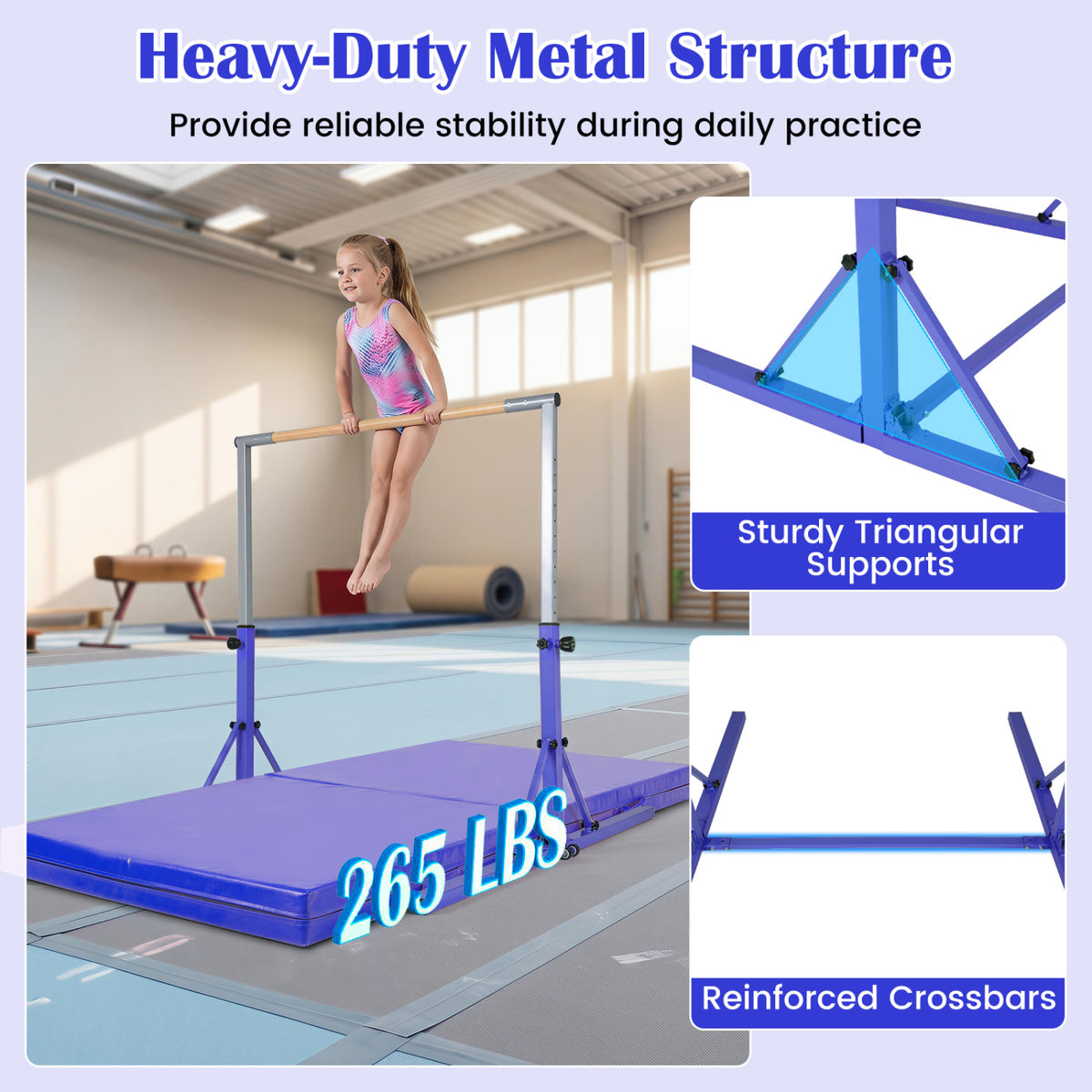 Foldable Gymnastics Bar for Kids with 3-Level Adjustable Heights-Purple