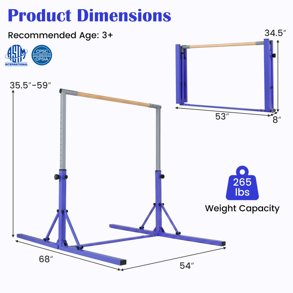 Foldable Gymnastics Bar for Kids with 3-Level Adjustable Heights-Purple