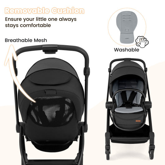 Foldable Infant Pram Stroller with Reversible Seat Reclining Backrest-Black