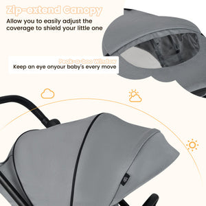 Foldable Infant Pram Stroller with Reversible Seat Reclining Backrest-Gray