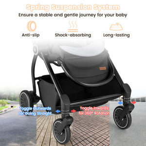 Foldable Infant Pram Stroller with Reversible Seat Reclining Backrest-Gray
