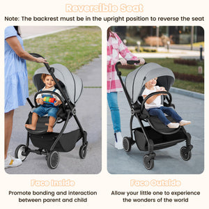 Foldable Infant Pram Stroller with Reversible Seat Reclining Backrest-Gray