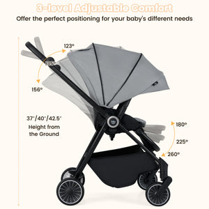 Foldable Infant Pram Stroller with Reversible Seat Reclining Backrest-Gray