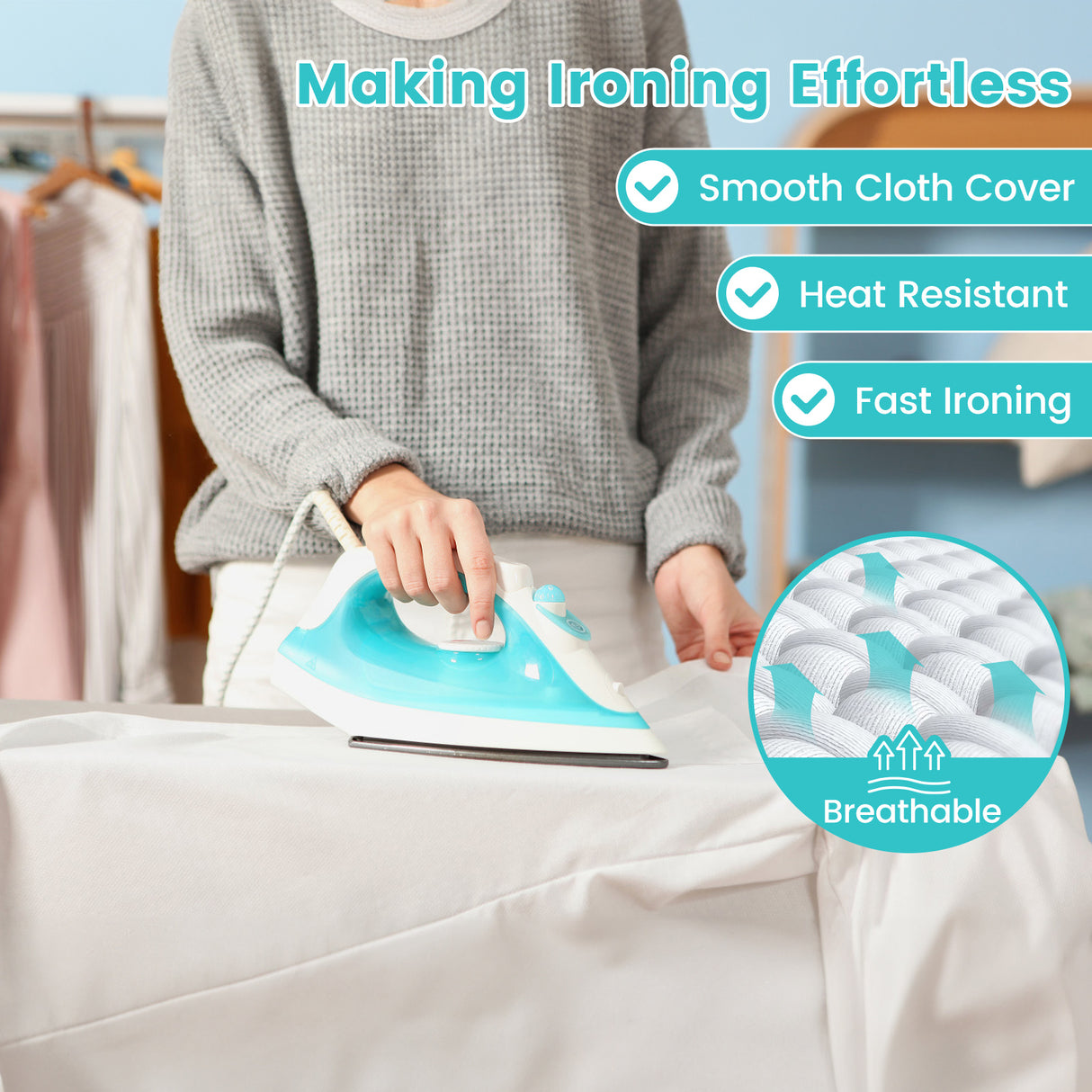 Foldable Ironing Board with Iron Rest and Adjustable Height-Turquoise