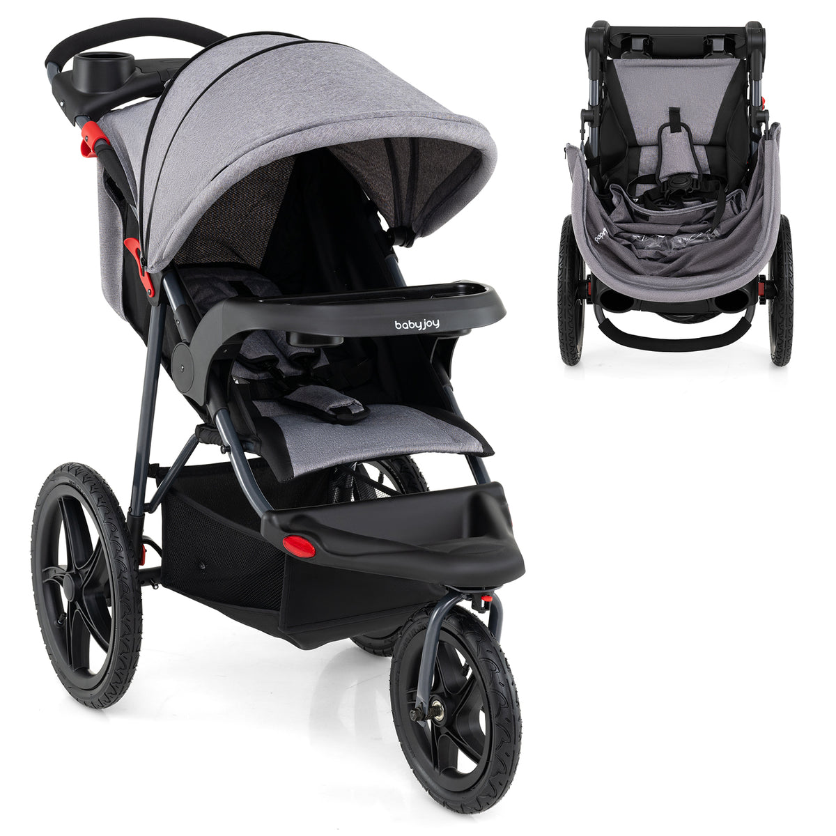 Foldable Jogging Stroller with Detachable Tray and Air-Filled Rubber Tires-Gray